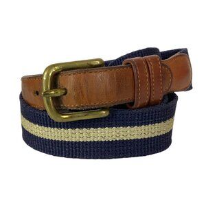 Vintage Coach Tabbed Leather & Natural Linen Striped Belt Brass Buckle Size 34